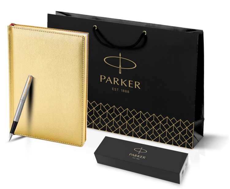 Подарочный набор: Ручка перьевая Parker Jotter Stainless Steel GT и Ежедневник золотистый недатированный