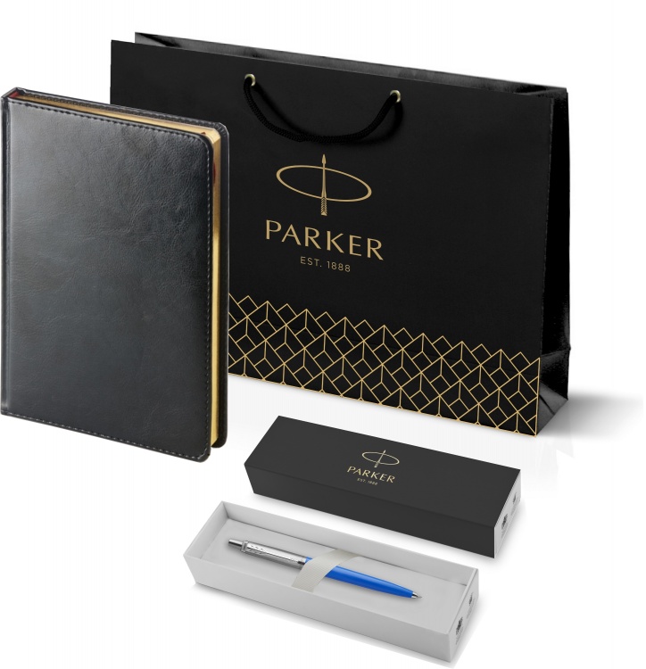 Подарочный набор: Шариковая ручка Parker Jotter Originals Blue Chrom CT, стержень: Mblue  и Ежедневник черный недатированный