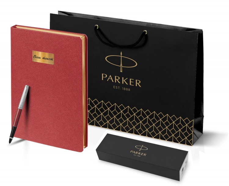 Подарочный набор: Ручка-роллер Parker (Паркер) Jotter Core T63 Kensington Red CT M F.BLK и Ежедневник недатированный красный