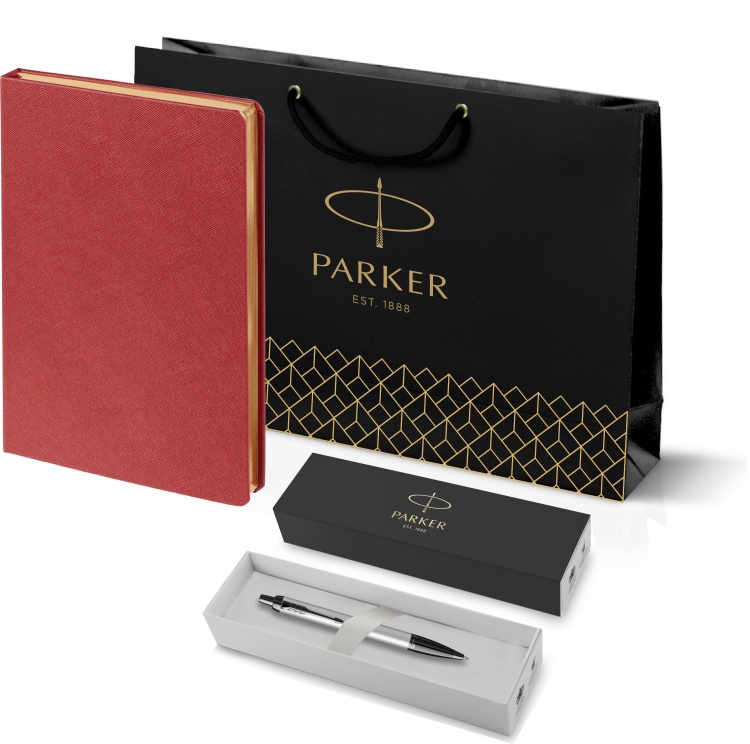 Подарочный набор: Шариковая ручка Parker PK IM MGREY BT , стержень Mblue в подарочной упаковке и Ежедневник недатированный красный
