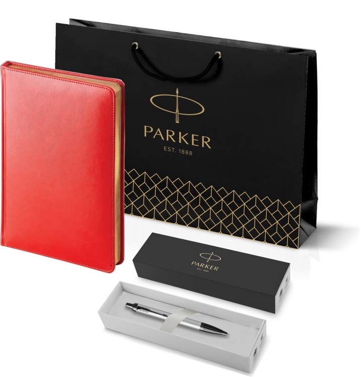 Подарочный набор: Шариковая ручка Parker PK IM MGREY BT , стержень Mblue в подарочной упаковке и Ежедневник красный недатированный