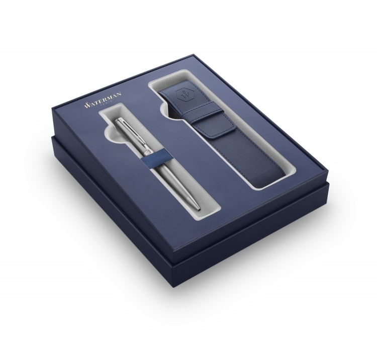Подарочный набор Waterman Hemisphere с шариковой ручкой и чехлом Stainless Steel CT, толщина линии M, чернила синие