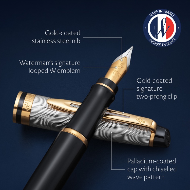 Перьевая ручка Waterman Reflections of Paris Expert DeLuxe Black GT, перо M, чернила: blue в подарочной коробке