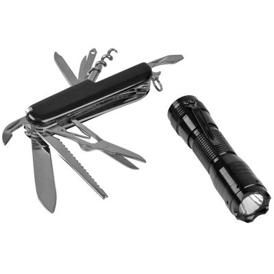 HG01N-BLK1 Набор: нож многофункциональный (13 функций) и фонарь; 13,5х9х3,5 см; металл; лазерная гравировка