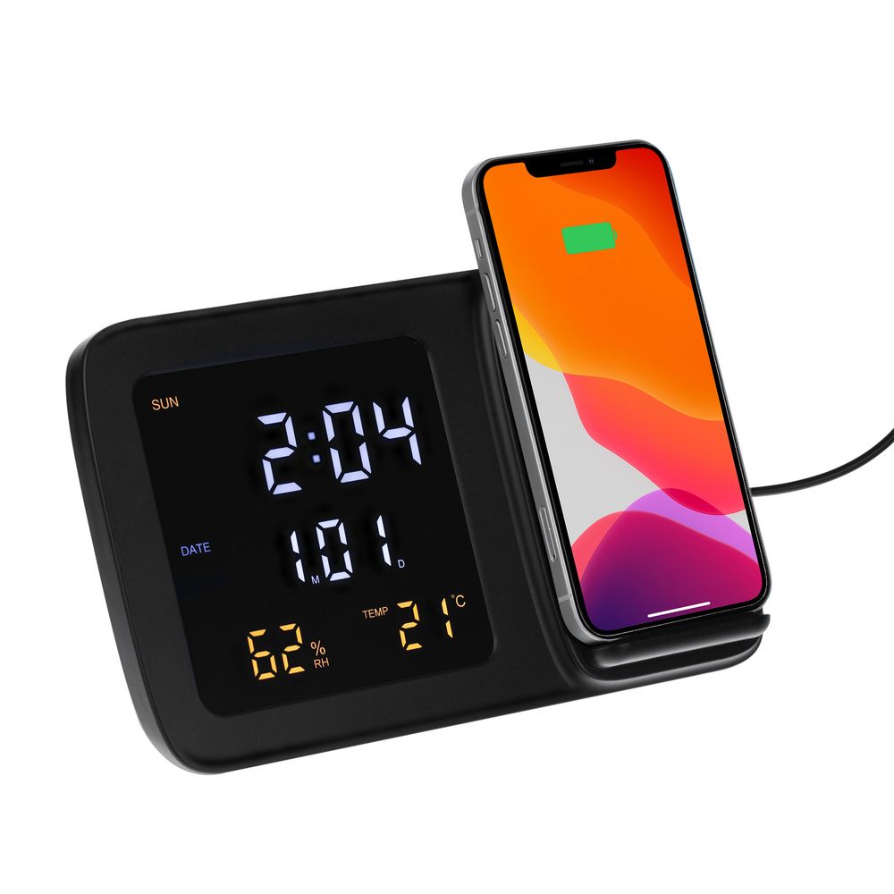 PS171025827 Uniscend. Станция беспроводной зарядки с часами и календарем и подсветкой логотипа Novem, черная
