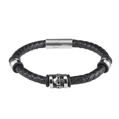 GR220119315 Zippo. Браслет ZIPPO Three Charms Leather Bracelet, с шармами, чёрный, кожа/нержавеющая сталь, 20 см