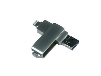 OA2102093632 USB-флешка на 64 Гб, интерфейс USB3.0, поворотный механизм,c дополнительными разъемами для I-phone Lightning и Micro USB,  полностью металлический кор