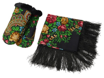 OA1701408180 Набор: Павлопосадский платок, рукавицы, черный/разноцветный