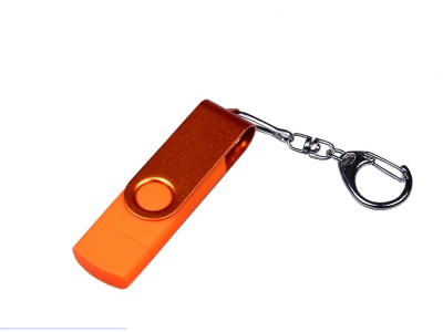 OA2102093494 USB-флешка на 64 ГБ 3 в 1 поворотный механизм, c двумя дополнительными разъемами MicroUSB и TypeC C с одноцветным металлическим клипом, оранжевый