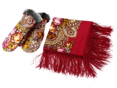 OA1701408181 Набор: Павлопосадский платок, рукавицы, красный/разноцветный