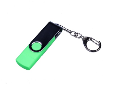 OA2102093471 USB-флешка на 64 ГБ поворотный механизм, c двумя дополнительными разъемами MicroUSB и TypeC, зеленый