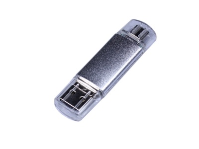 OA2102093453 USB-флешка на 64 ГБ c двумя дополнительными разъемами MicroUSB и TypeC, серебро