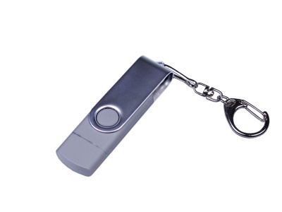 OA2102093465 USB-флешка на 64 ГБ поворотный механизм, c двумя дополнительными разъемами MicroUSB и TypeC, серебро