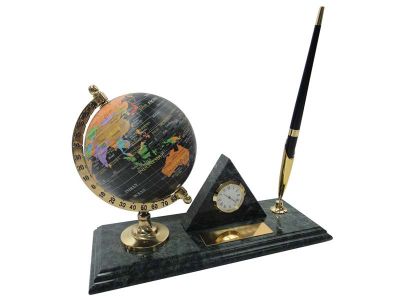 GS18406135 Настольный набор: глобус, ручка, часы, 23 х 9 х 1,8 см, мрамор