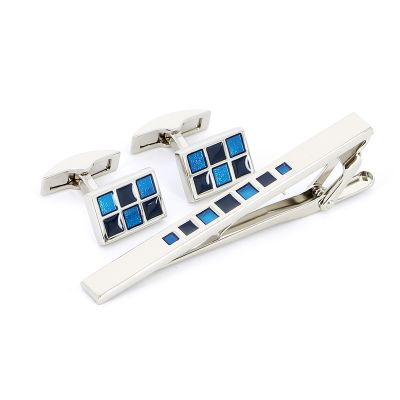 GR180313717 Набор: заколка для галстука 65 мм + запонки, никель, серебристого цвета с синими вставками