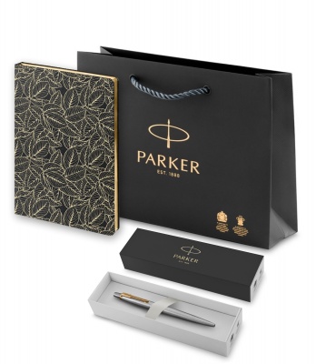 PRPS1953182 Parker Jotter. Подарочный набор: Шариковая ручка Parker Jotter Essential, St. Steel GT, стержень: Mblue и Ежедневник недатированный, черный.