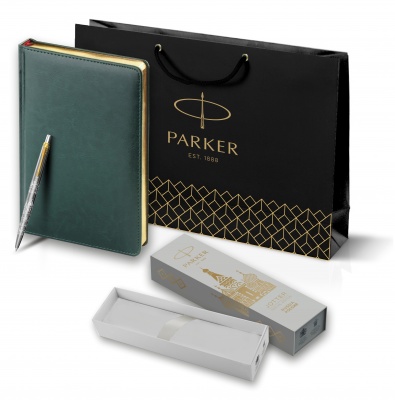 PRKRGRNG2126175 Parker Jotter. Подарочный набор: Шариковая ручка Parker Jotter Russia Steel GT и Ежедневник недатированный Зеленый  золотой срез