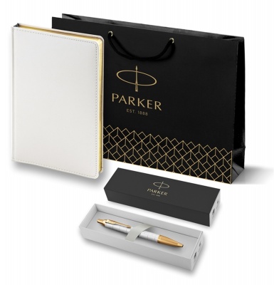 PRKRWG2143643 Parker Parker IM. Подарочный набор: Ручка шариковая Parker IM Premium K318 Pearl GT, цвет чернил синий и белый недатированный ежедневник с золотым срезом