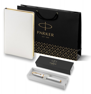 PRKRWG2143646 Parker Parker IM. Подарочный набор: Ручка роллер Parker IM Premium T318 Pearl GT, цвет чернил черный и белый недатированный ежедневник с золотым срезом