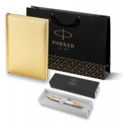 PRKRGG2143643 Parker IM. Подарочный набор: Ручка шариковая Parker IM Premium K318 Pearl GT, цвет чернил синий и золотистый ежедневник с золотым срезом страниц