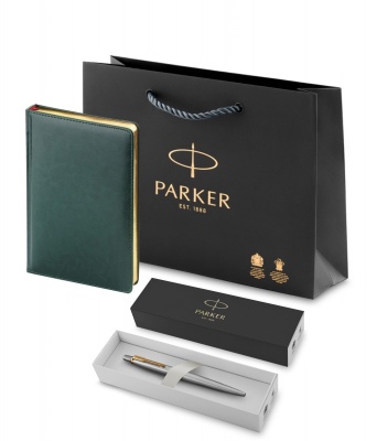 PR4B-SETSLR1G Parker Jotter. Подарочный набор Parker: темно-зеленый ежедневник с золотыми страницами и шариковая ручка Jotter Essential, стержень синего цвета