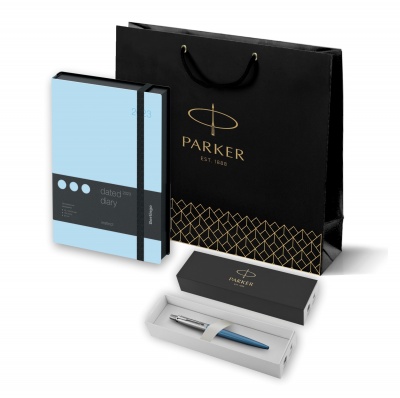 PRRF1953191 Parker Jotter. Подарочный набор: Шариковая ручка Parker Jotter Essential, Waterloo Blue CT и Ежедневник датированный, черный/голубой, с резинкой