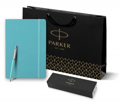 PRKRBLR2118139 Parker Jotter. Подарочный набор: Шариковая ручка Parker Jotter K60, цвет мятный (Tiffani), цвет чернил синий, в подарочной коробке и Блокнот