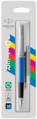 PR4F-BLU1C Parker Jotter. Перьевая ручка Parker Jotter, цвет ORIGINALS BLUE CT, цвет чернил синий/черный, толщина линии M, В БЛИСТЕРЕ