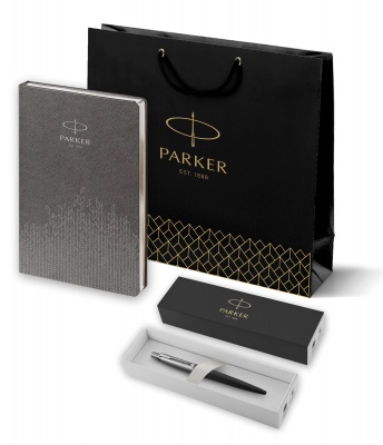 PRPR1953184 Parker Jotter. Подарочный набор: Шариковая ручка Parker Jotter Essential, Satin Black CT и Ежедневник  недатированный, серый