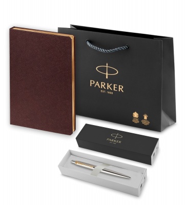 PRPSBR2020647 Parker Jotter. Подарочный набор: Шариковая ручка Parker Jotter Essential, St. Steel GT, стержень: Mblue и Ежедневник недатированный коричневый