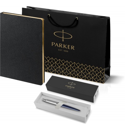 PRPRBLKG1953186 Parker Jotter. Подарочный набор: Шариковая ручка Parker Jotter Essential, Royal Blue CT, стержень: Mblue и Ежедневник недатированный черный с золотистым срез