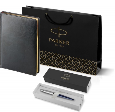 PRKRBLKG1953186 Parker Jotter. Подарочный набор: Шариковая ручка Parker Jotter Essential, Royal Blue CT и Ежедневник черный недатированный