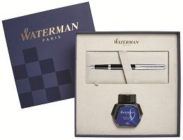 WT8F-BLK3Cbottle Waterman Hemisphere. Подарочный набор: перьевая ручка Hemisphere Deluxe, Black CT и чернила, blue